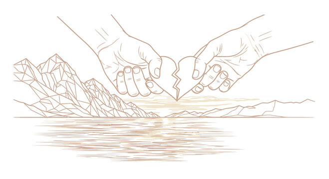 Hands holding broken heart above mountains and water silhouette