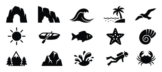 Fototapeta premium Collection of fifteen black silhouette icons representing various outdoor and aquatic activities and elements