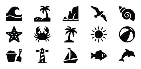 Obraz premium Collection of fifteen black silhouette summer and beach-themed icons, including waves, palm trees, sun, and marine life