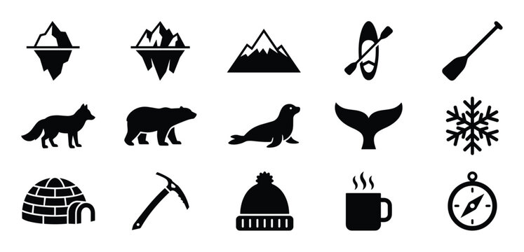 Collection of black silhouette arctic and winter icons, including animals, landscapes, and cold weather gear, arranged neatly on a white surface
