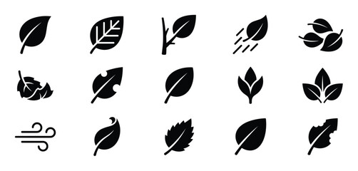 Fototapeta premium Collection of various black silhouette leaf icons, including whole, damaged, and wind-blown designs, presented in a clean, graphic style