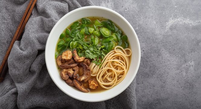 White bowl of vegan noodle soup combining tofu cheese, shiitake mushrooms, and pak choi captured from above with copy space