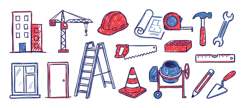 Various hand-drawn construction tools and building elements, including a crane, safety helmet, and blueprint, are arranged in a playful doodle style
