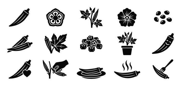 Collection of black and white okra icons depicting various forms of the vegetable, plant, and seeds