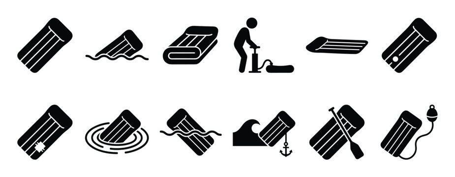 Collection of black silhouette icons depicting various states and actions related to an inflatable air mattress