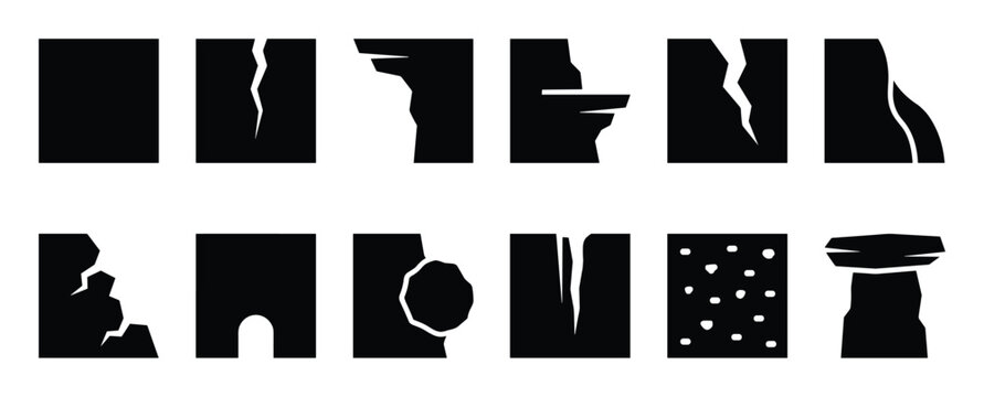 Collection of ten distinct black and white silhouette icons representing various rock and cave formations, presented in a clean, minimalist style