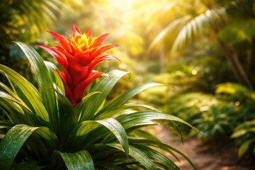 Obraz premium Close up of a vibrant Guzmania tropical plant with evergreen grass like leaves on a warm climate background featuring ample copy space