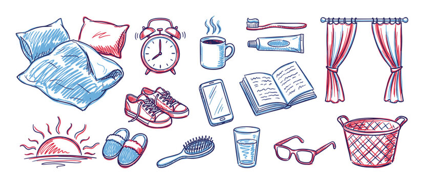 Various hand-drawn daily routine objects are depicted in a doodle style with red and blue accents, illustrating morning activities