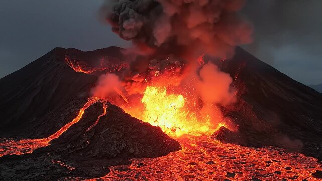 Erupting volcano spews lava and smoke into dark cloudy sky