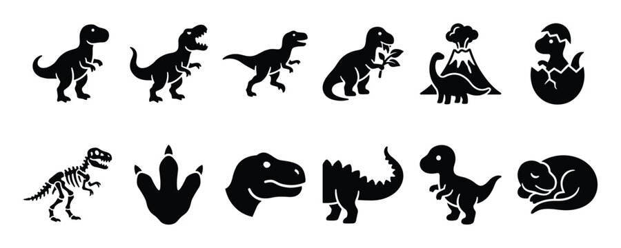 Collection of black dinosaur silhouette icons featuring various poses, a skeleton, a footprint, a volcano, and a hatching egg