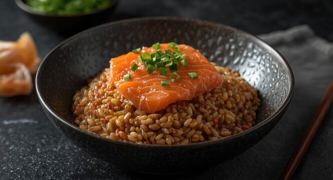 Healthy Asian styled moji barley rice served with fermented bean curd and smoked salmon