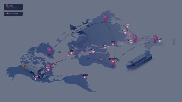 World map logistic tracking process via plane, truck, and shipping. 3D isometric motion graphic animation