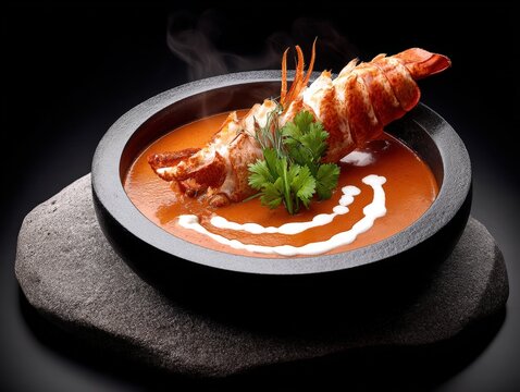 Gourmet lobster bisque soup in black bowl with tail and steam