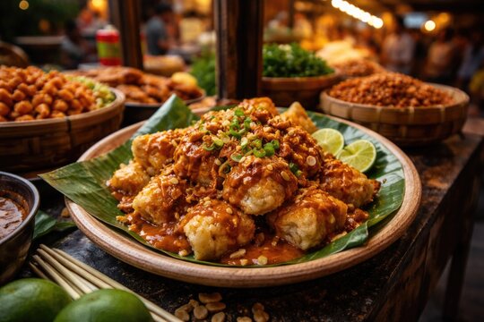 Indonesian street food Batagor served with rich peanut sauce on a vibrant market stall