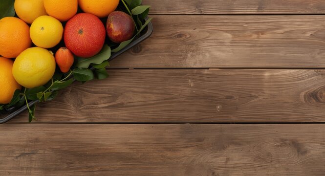 wooden table surface decorated with a bright fruit tray showcasing a variety of citrus fruits