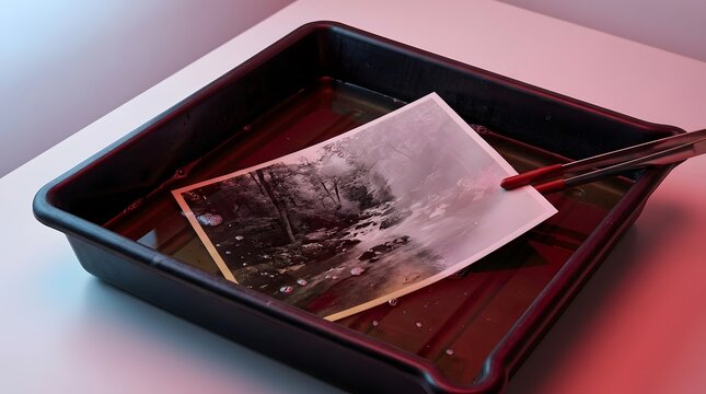 A black and white photograph is developed in a darkroom tray, held by tongs under a red light, showcasing the traditional photographic process.