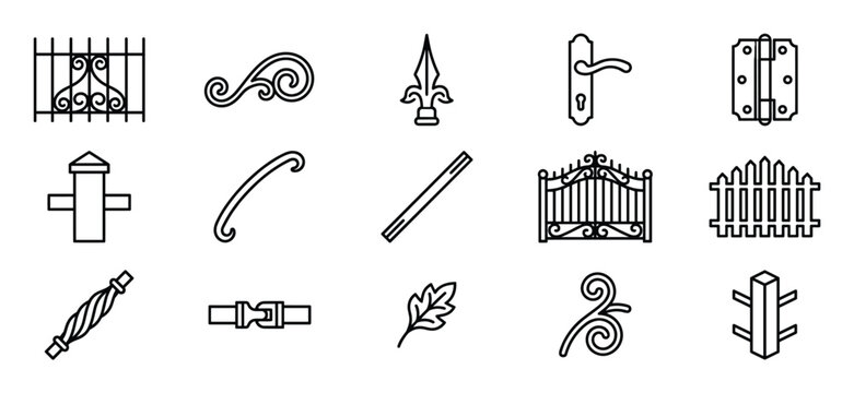 Collection of black outline icons depicting various wrought iron elements, including gates, fences, and decorative scrolls