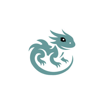A charming and imaginative minimalist logo in muted teal, depicting a small baby dragon or mythical reptile.