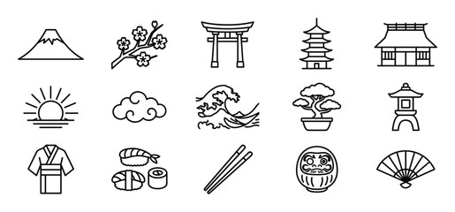 Collection of fifteen black outline Japanese culture icons, including Mount Fuji, cherry blossoms, and a torii gate, presented in a clean, minimalist style