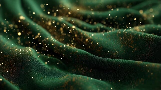 Fabric, Silk and Texture with Luxurious Green Cloth Flowing Elegantly Illuminated by Golden Sparkles for High-End Fashion Backgrounds and Abstract Design Elements. Opulence, shimmer and elegance with
