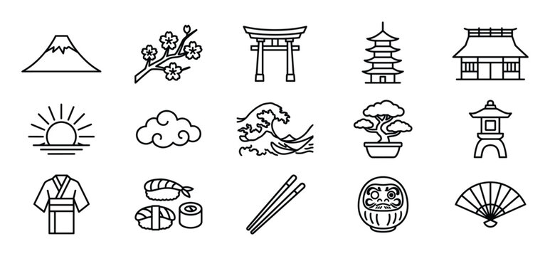 Collection of fifteen black outline Japanese culture icons, including Mount Fuji, cherry blossoms, and a torii gate, presented in a clean, minimalist style