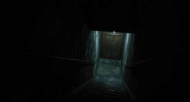Uneasy atmosphere with dark stairway into a gloomy basement space