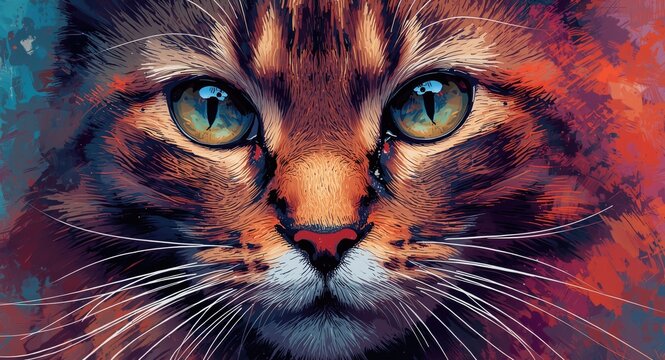 Expressive artistic cat face in rich hues with swirling brushstroke effects copy space