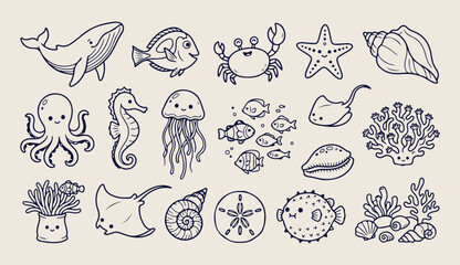 Fototapeta premium Under the sea creatures, marine life doodle, fish and ocean vector, coral reef line art, aquatic animal 