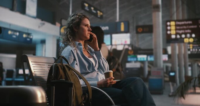 Focused Yet Relaxed Female Passenger Manages Wait Time by Talking on Smartphone and Sipping Coffee. Successful Journey, High Quality Passenger Service, and Modern Lifestyle in International Airport.