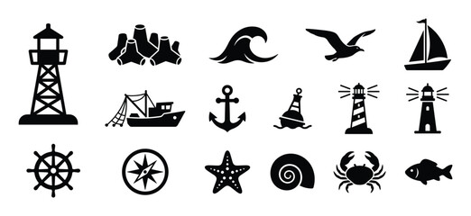 Obraz premium Collection of black silhouette nautical and marine icons, including lighthouses, boats, and sea creatures, presented on a clean white surface