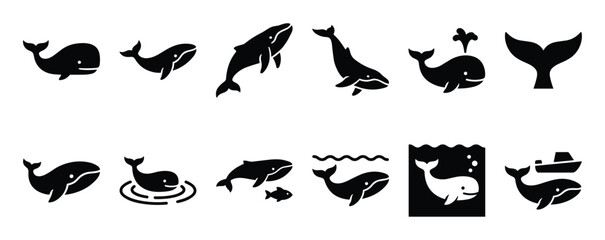 Fototapeta premium Collection of various black whale silhouette icons in different poses and contexts, presented as a graphic design element