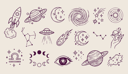 Outer space galaxy, planet and stars doodle, astronaut ufo vector, cosmic science line art, universe mystery pattern, astrology background, hand drawn space  © Geetaroy