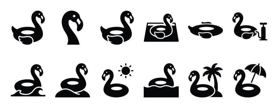 Collection of black silhouette flamingo pool float icons depicting various summer and vacation activities