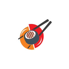 A vibrant and modern minimalist logo in orange, red, and charcoal grey, depicting a single sushi roll being held by chopsticks. © Pernah