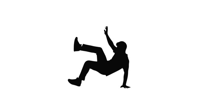 Silhouette of a person falling, captured in mid-air against a white background.