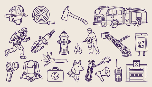 Firefighting and emergency service, fire truck doodle, firefighter tools vector, rescue equipment line art, safety service pattern, fire department 