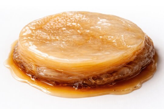 Detailed view of a scoby for kombucha fermentation on a clean white surface