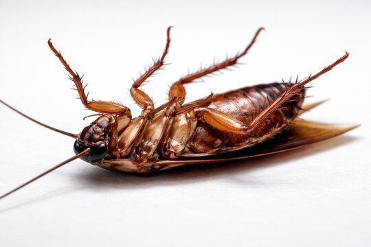Close up of a dead cockroach lying upside down on a plain white surface