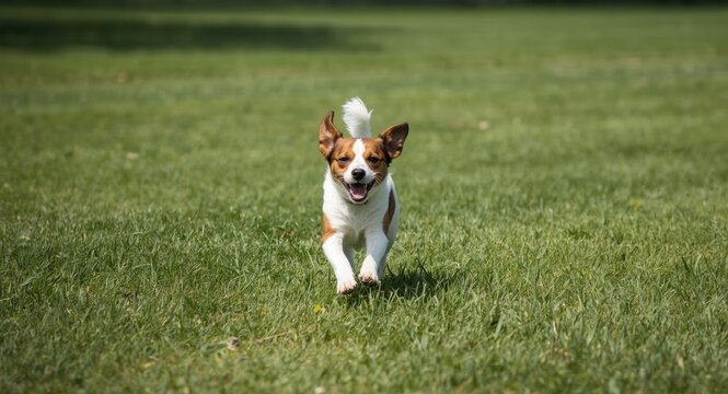 Energetic pet frolicking through a full length scene of green grass lawn on a clear summer day