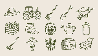 Farming and agriculture life, tractor and barn doodle, harvest tools vector, rural farm line art, gardening icons pattern, countryside landscape background, hand drawn farm  © Geetaroy