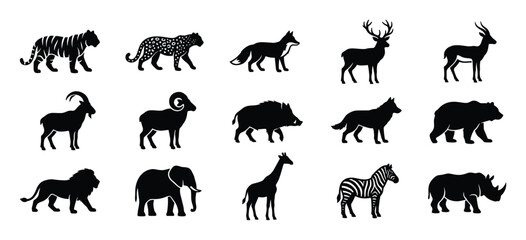 Obraz premium Collection of fifteen black animal silhouettes, including a tiger, leopard, fox, deer, antelope, goat, ram, boar, wolf, bear, lion, elephant, giraffe, zebra, and rhinoceros, presented in a