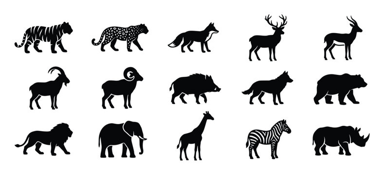 Collection of fifteen black animal silhouettes, including a tiger, leopard, fox, deer, antelope, goat, ram, boar, wolf, bear, lion, elephant, giraffe, zebra, and rhinoceros, presented in a