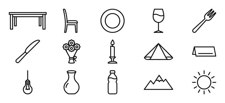 Collection of various dining and everyday outline icons, including a table, chair, plate, wine glass, and cutlery