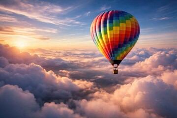 Obraz premium Colorful hot air balloon floating high above cloud layers