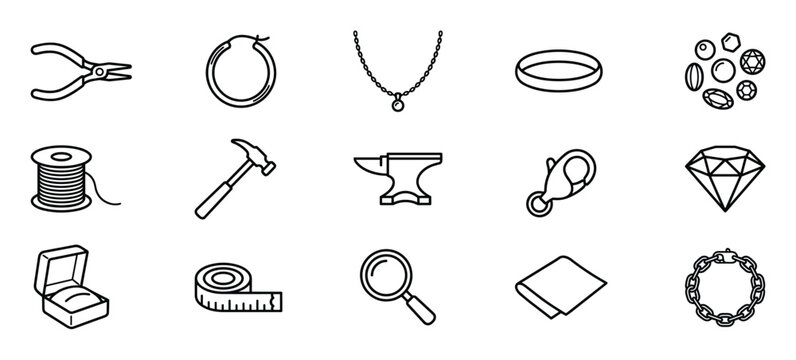 Collection of fifteen black outline icons representing jewelry making tools, finished pieces, and precious materials, arranged neatly