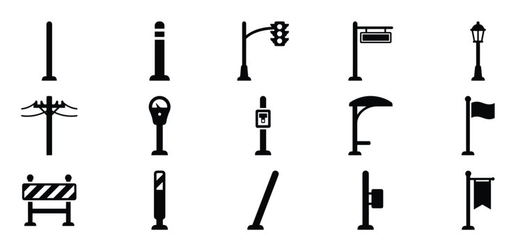 Various black silhouette street poles and urban elements are presented as a collection of simple icons
