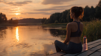 Fototapeta premium Woman taking a break from exercise by a lake at sunset