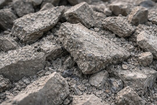Close up of rough crushed concrete debris with textured layers for construction renovation