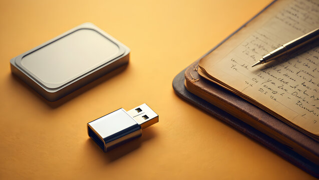 Modern devices next to vintage notebook