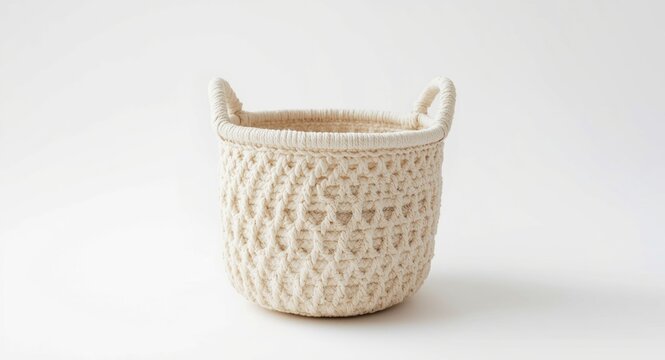 Handwoven macrame cotton thread basket displayed on plain white backdrop for crafting ads